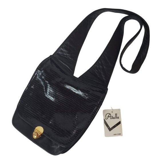 VINTAGE Atalla Handbags Leather Saddlebag Press Lock Deadstock Black Gold - Picture 1 of 12